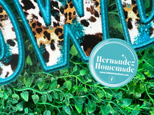 Load image into Gallery viewer, Custom Teal Edge w/Gold Cow Hide Print Faux Embroidery Puff HTV Transfer