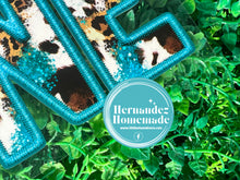 Load image into Gallery viewer, Custom Teal Edge w/Gold Cow Hide Print Faux Embroidery Puff HTV Transfer
