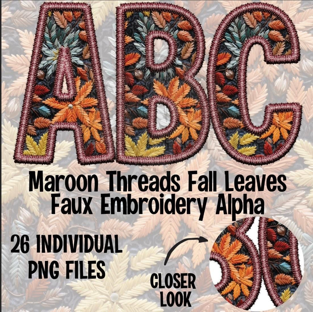 Maron Thread Fall Leave Faux Embroidery Alpha Matte Transfer
