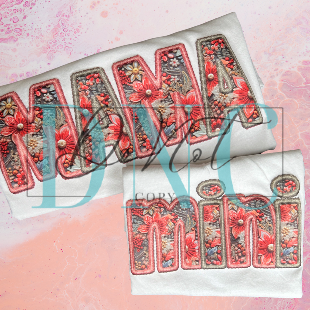 Mama/Mini Red Floral Faux Embroidery Puff/HTV Transfer
